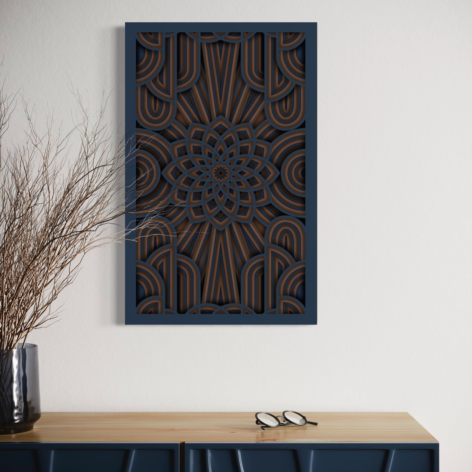 Flower of Life Wooden Wall Art | Color Dark Blue Grey, Brown Bear And Woody Brown