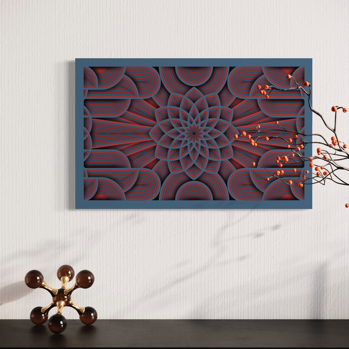 Flower of Life Wooden Wall Art | Color Denim And Dull Red