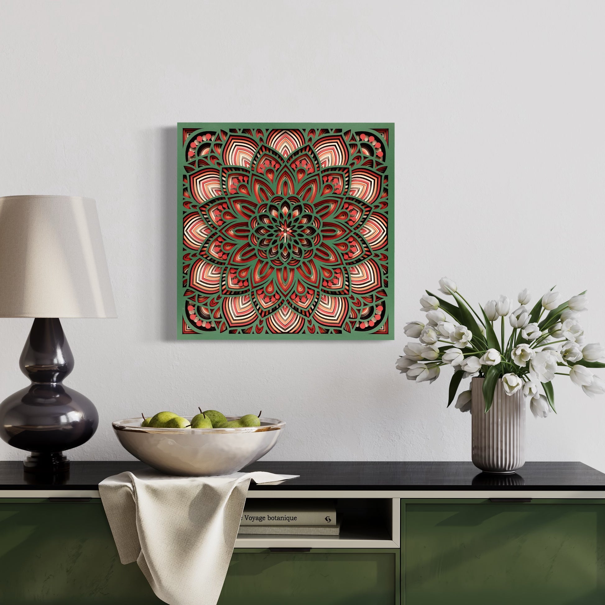 Mandala Wood Wall Art | Color Mineral Green, Pearl Bush, Oyster Pink, Dull Red And Brownish Orange