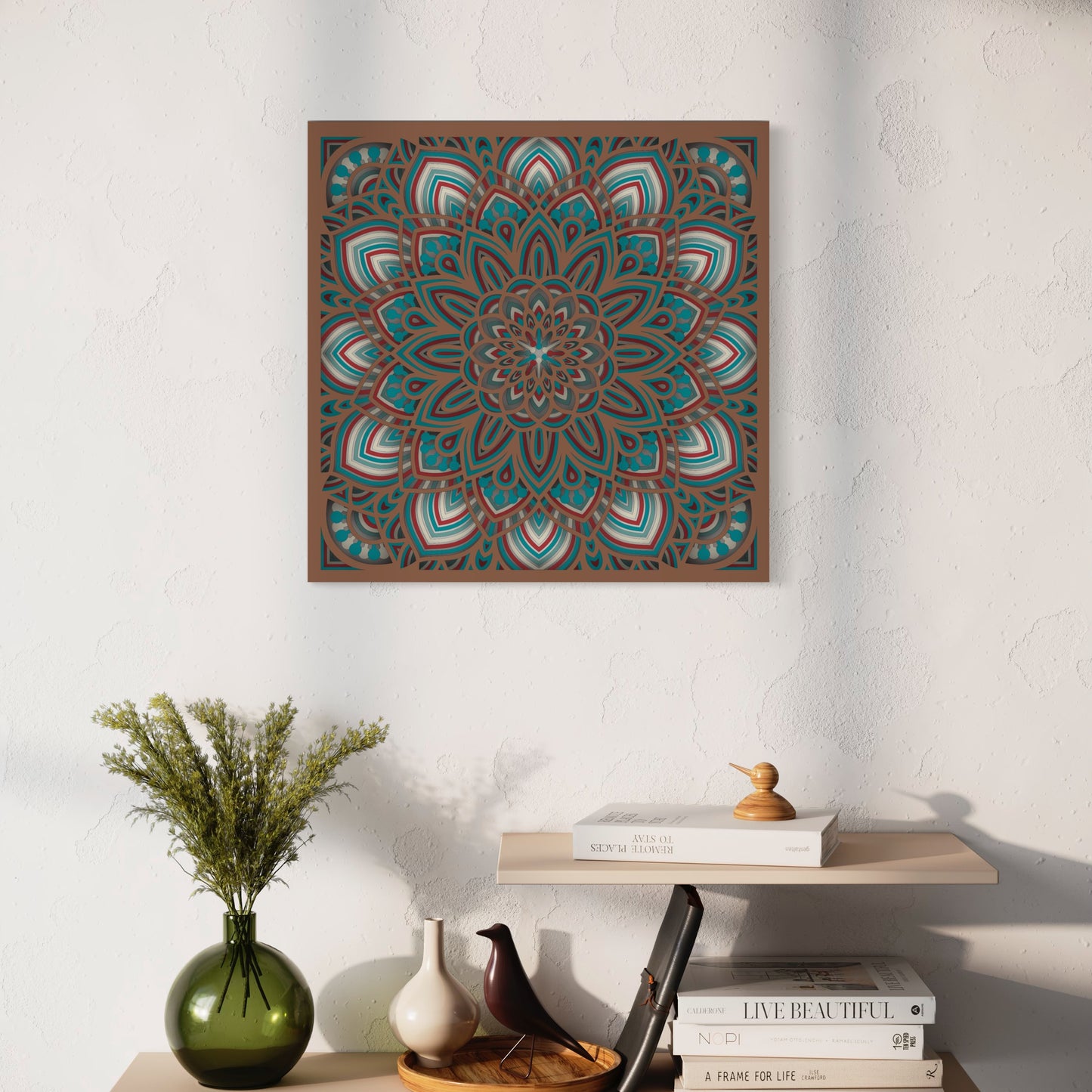 Mandala Wood Wall Art | Color Ocean, Dull Red, Neptune, Pearl Bush And Brown Bear