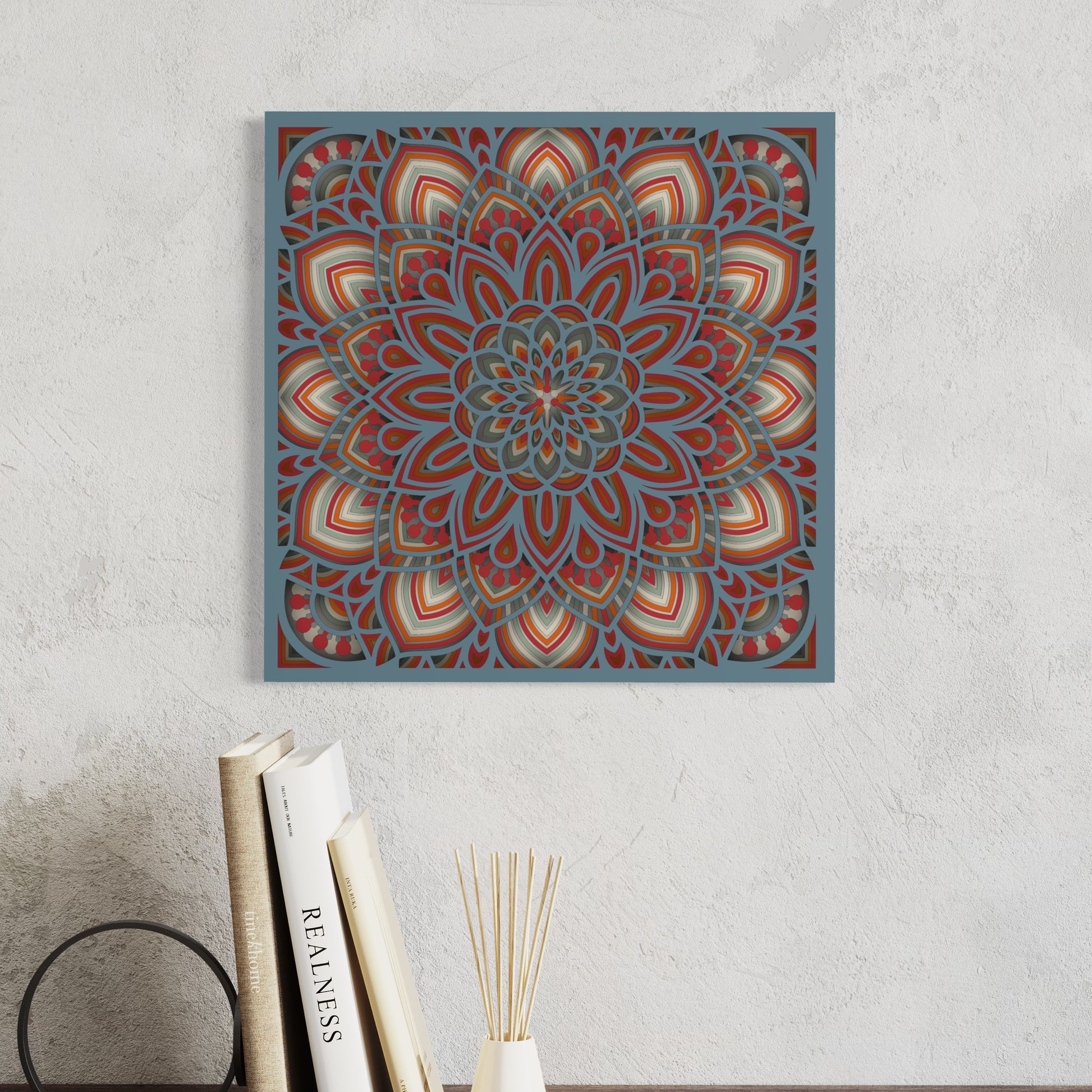 Mandala Wood Wall Art | Color Dull Red, Neptune, Brown Bear, Pearl Bush And Ocean