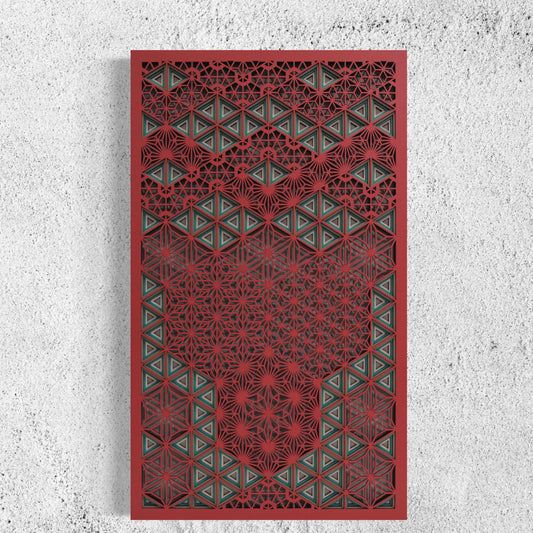 Triangles In Concert Wood Wall Art | Color Dull Red, Ocean, Brownish Grey And Pearl Bush
