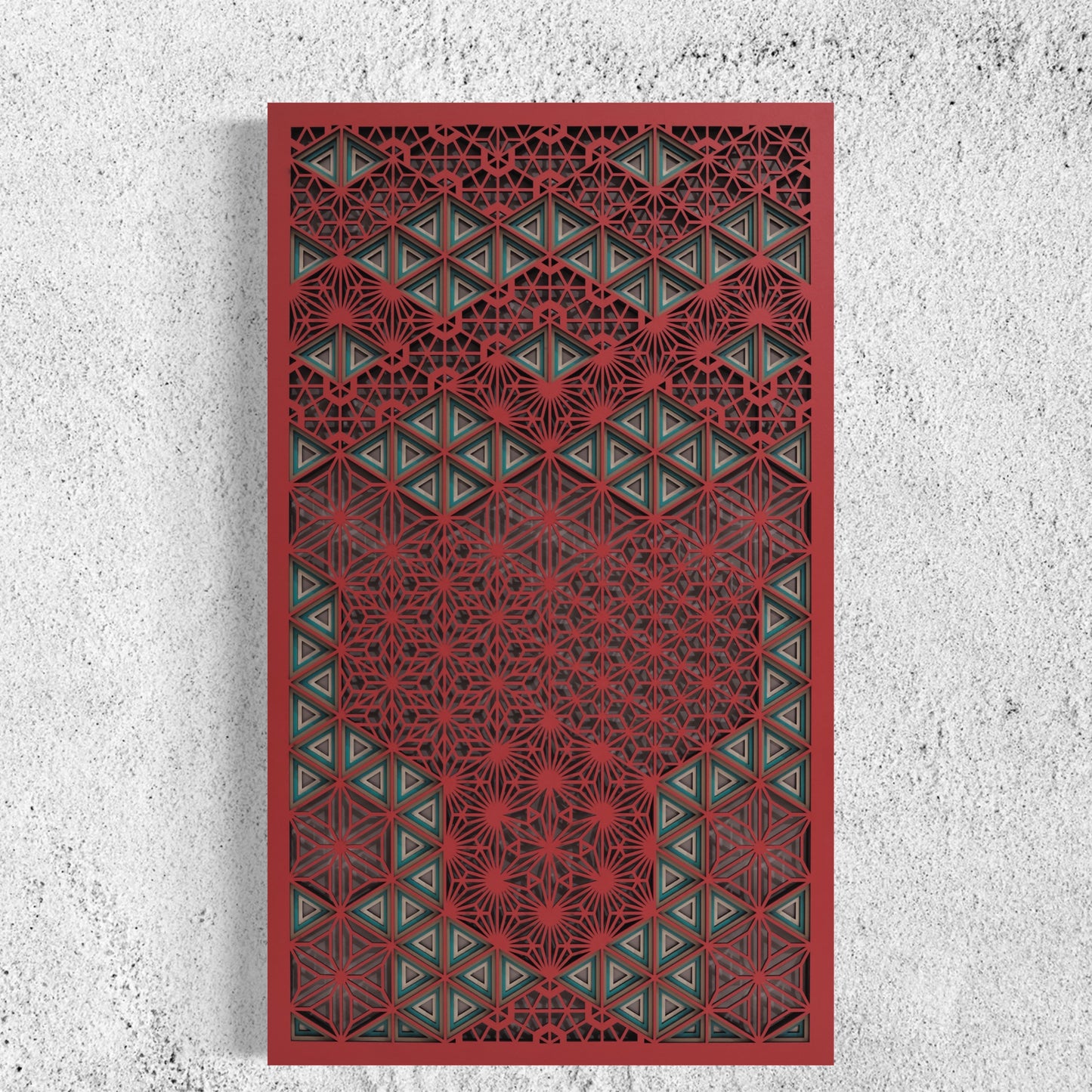 Triangles In Concert Wood Wall Art | Color Dull Red, Ocean, Brownish Grey And Pearl Bush